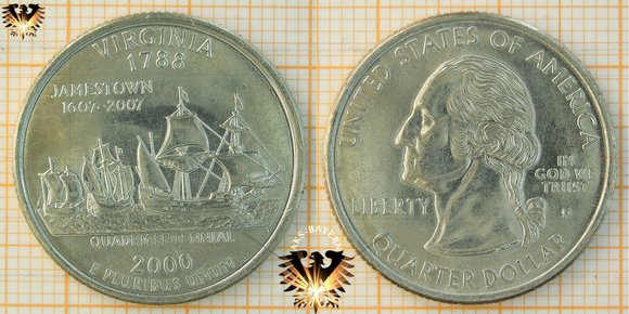Quarter Dollar, USA, 2000, D, Virginia 1788, Jamestown 1607-2007 © aukauf.de 