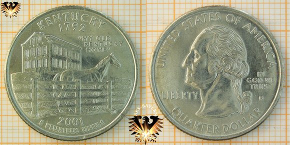 25 Cents, 1/4 Dollar, USA, 2001, D, Kentucky 1792, My old Kentucky Home, Washington Quarter