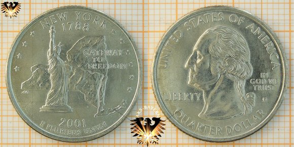 25 Cents, 1/4 Dollar, USA, 2001, D, New York 1788, Gateway to Freedom, Washington Quarter