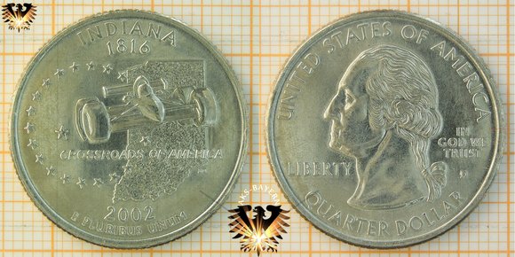 25 Cents, 1/4 Dollar, USA, 2002, D, Indiana 1816, Crossroads of America, Washington Quarter