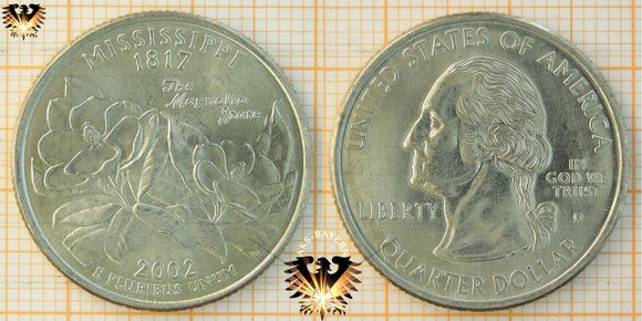Quarter Dollar, USA, 2002, D, Mississippi 1817, The Magnolia State © aukauf.de 