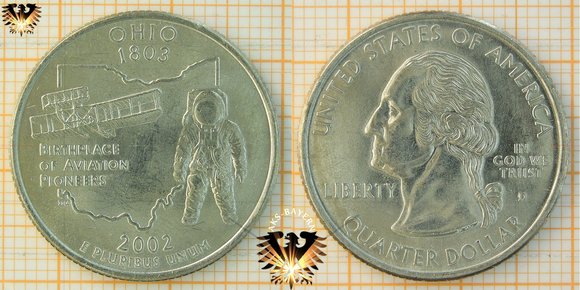 25 Cents, 1/4 Dollar, USA, 2002, D, Ohio 1803, Birthplace of Aviation Pioneers - Washington Quarter