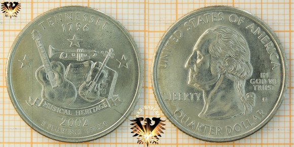 25 Cents, 1/4 Dollar, USA, 2002, D, Tennessee 1796, Musical Heritage, Washington Quarter