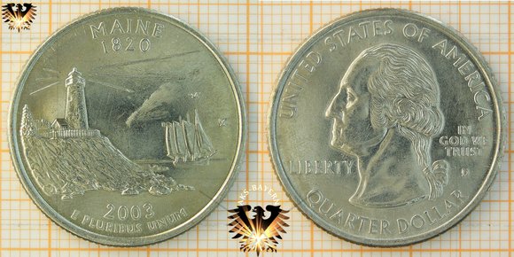 Quarter Dollar, 25 Cent, USA, Statequarter, 2003 D, Maine 1820, Leuchtturm