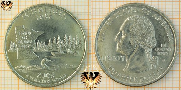 Quarter Dollar, USA, Statequarter, 2005 D, Minnesota 1858, Land of 10000 Lakes