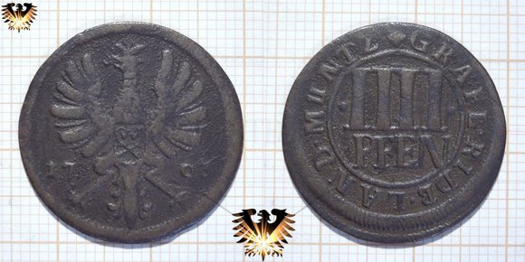 Grafschaft Rietberg in Nordrhein-Westfalen. Kupfermünze zu 4 Pfennig von 1703. Herrscher Maximilian Ulrich 1699-1746