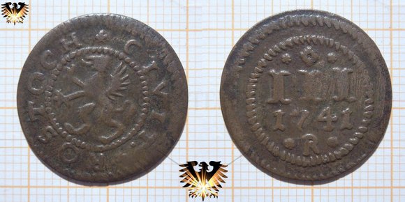 Rostocker 3 Stadtpfennig Kupfermünze aus dem Jahr 1741. Geflügelter Löwe - Rostoch CIVITATIS