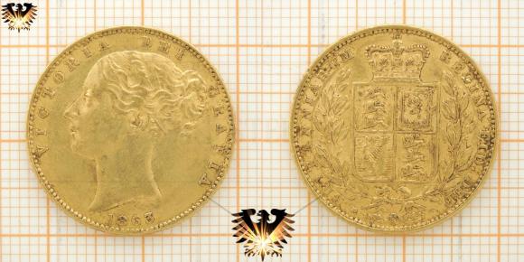 VICTORIA DEI GRATIA 1863 BRITANNIARUM REGINA FID . DEF, ganzer Sovereign Victoria Young Head Shield, UK, Great Britain