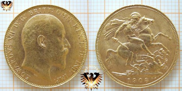 Goldmünze England Sovereign  1908 - EDWARDVS VII D: G: BRITT: OMN: REX F: D: IND: IMP: