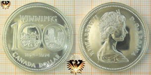 1 Dollar, Canada Dollar, 1974, Elizabeth II, 100 Jahre Winnipeg Centennial, 1874-1974, Silver