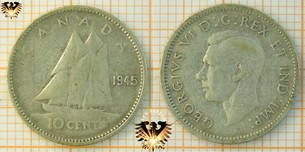 10 Cents, Canada, 1945, George VI, Schoner, 1937-1952