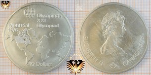 10 Dollars, Canada, 1973, Elizabeth II, XXI Olympiad Montréal 1976, Series I, Worldmap