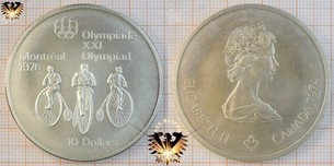 10 Dollars, Canada, 1974, Elizabeth II, XXI Olympiad Montréal 1976, Series III, high wheel bicycles