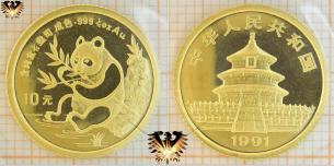 1/10 Unze, Panda Goldmünze, 1991, 10 Yuan,  Vorschaubild