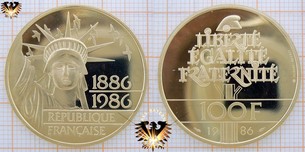 100 Francs, Frankreich, 1989, Goldmünze, 100 ans statue de la liberté 1886-1986