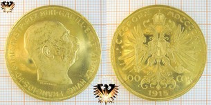 100  Coronae / Kronen / Corona, 1915, Österreich, Franc I D G Imp Avstr Rex,  Goldmünze