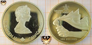 100 Dollars, 1987, Elizabeth II, XV Olympic Wintergames Calgary 1988,  1/4 ounce/oz. Gold