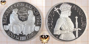 100 Schilling, 1992, Kaiser Maximilian I., Gedenkmünze, Silber
