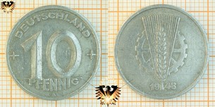 10 Pfennig, DDR, 1948, nominal, 1948-1950, + DEUTSCHLAND +, stark erhaben