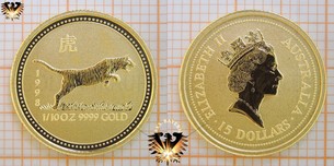15 AUD, 15 Dollars, 1990, Australia, Year of The Tiger, 1/10 oz.