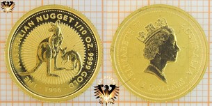 15 AUD, 15 Dollars, 1996, Australian Nugget, Two Kangaroos, 1/10 oz. Gold