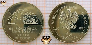 Münze: 2 Złote, Polen, 2009, 1940-1944, 65. Rocznica, Likwidaji Getta w Lodzi, mit informativer Blisterkarte