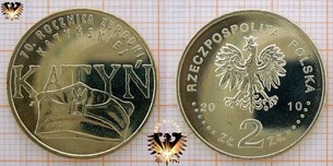 Münze: 2 Złote, Polen, 2010, 70. Jahrestag des Massakers von Katyn - mit Blisterkarte zu dieser Sondermünze