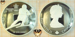 20 Dollars, Canada, 1985, Elizabeth II, XV Olympic Wintergames Calgary 1988, Downhill, 1 ounce/oz. Silver