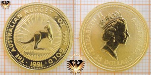 25 AUD, 25 Dollars, 1991, Australian Nugget, Grey Kangaroo, 1/4 oz. Gold