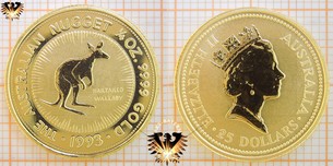25 AUD, 25 Dollars, 1993, Australian Nugget, Nailtailed Wallaby, 1/4 oz. Gold