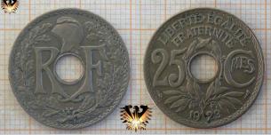 25 Centimes 1923, Frankreich, Lochmünze, geprägt 1917-1937, III. Republique Francaise, Eichenkranz  