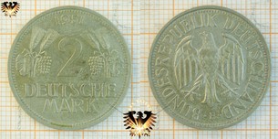 2 DM, 1951, D F G J, Deutsche Mark Sammlermünze - Trauben und Ähren