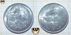 3 Reichsmark 1922, Weimarer Ersatz Inflations- Geld - Münzen