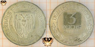 3 Reichsmark, 1926 A, 700 Jahre Reichsfreiheit Lübeck, Silbermünze
