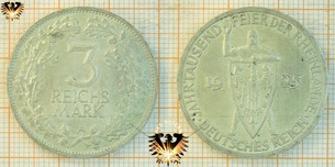 3 Reichsmark, 1925 A, Jahrtausend Feier der Rheinlande - Sammlermünze