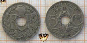 5 Centimes 1925, Frankreich, Umlaufmünze mit Loch, RF,  III. Französische Republik  