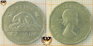 5 Cents, Canada, 1962, Elizabeth II, Biber, 1955-1962
