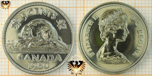 5 Cents, Canada, 1980, Elizabeth II, Biber, 1955-1981