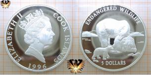 Eisbär, 5 Dollars, 1996, Cook Inseln, Gefährdete Tierwelt, Silbermünze  