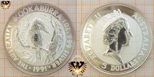 5 AUD, 5 Dollars, 1991, Australian Kookaburra, 1 oz Silver