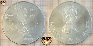 5 Dollars, Canada, 1975, Elizabeth II, XXI Olympiad Montréal 1976, Series IV, Womens Javelin