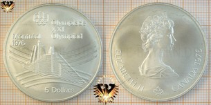 5 Dollars, Canada, 1975, Elizabeth II, XXI Olympiad Montréal 1976, Series VII, Olympic Village Montreal