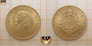 5 Mark Baden Goldmünze, 1877 G, Friedrich I, halbe Krone, 5 Goldmark Münze  