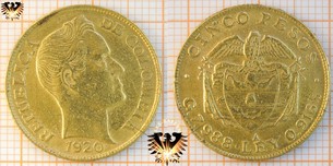 Colombia, Cinco Pesos, 1920 A, Símon Bólivar, Goldmünze