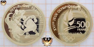 500 Francs, Frankreich, 1991, Gold, Albertville 1992, hockey sur glace / Eishockey Münze