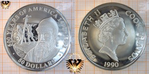 50 Dollars, 1990, Cook Islands, 500 Years of America, Pedro Alvares Cabral