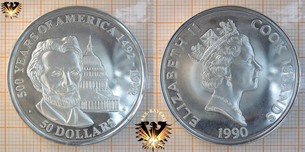 50 Dollars, 1990, Cook Islands, 500 Years of America, Abraham Lincoln