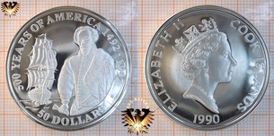 50 Dollars, 1990, Cook Islands, 500 Years of America, Walter Raleigh