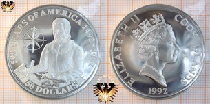 50 Dollars, 1992, Cook Islands, 500 Years of America, Juan Ponce de Leon