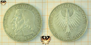 5 DM BRD 1964 J, Johann Gottlieb Fichte 1762 - 1814, Gedenkmünze in  Silber